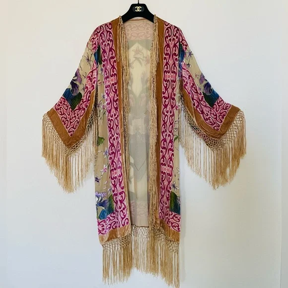 🍃 🌸 Velvet Burn-out Beaded Floral Fringe Kimono Jacket Robe Long Maxi Nude - Picture 4 of 10